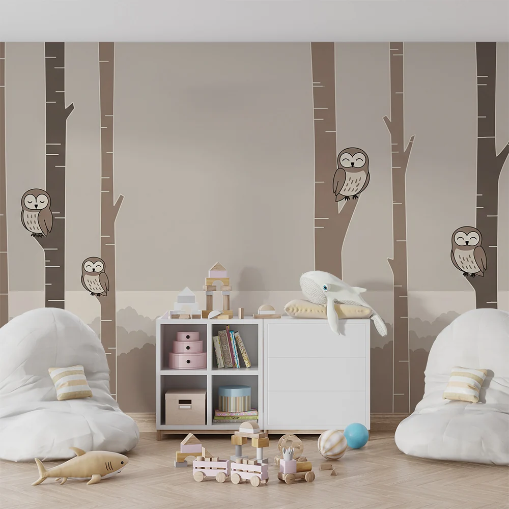 Nursery room wallpaper | Mosolygó baglyok puha fákon ülve