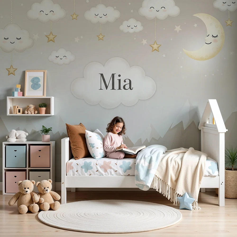 Nursery room wallpaper | Mosolygó felhők és arany hold egy lágy tájképben