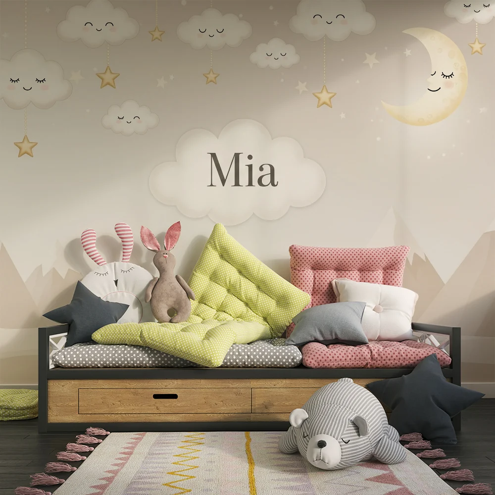 Nursery room wallpaper | Mosolygó felhők és arany hold egy lágy tájképben