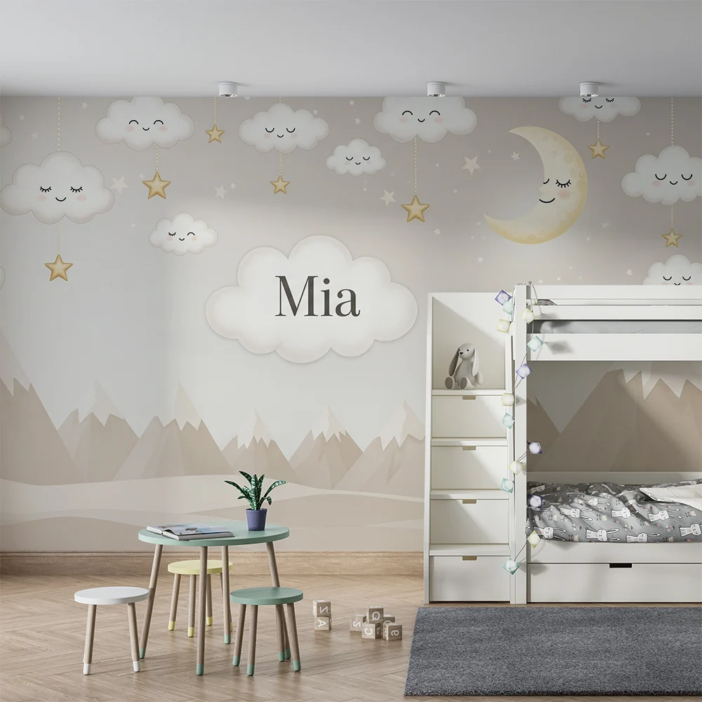Nursery room wallpaper | Mosolygó felhők és arany hold egy lágy tájképben