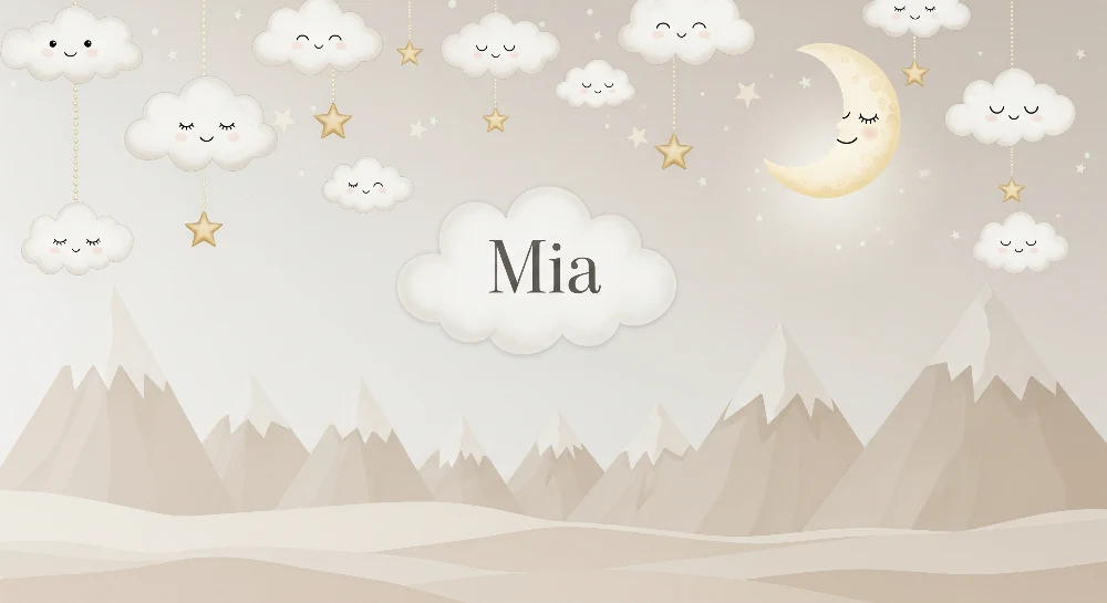 Nursery room wallpaper | Mosolygó felhők és arany hold egy lágy tájképben