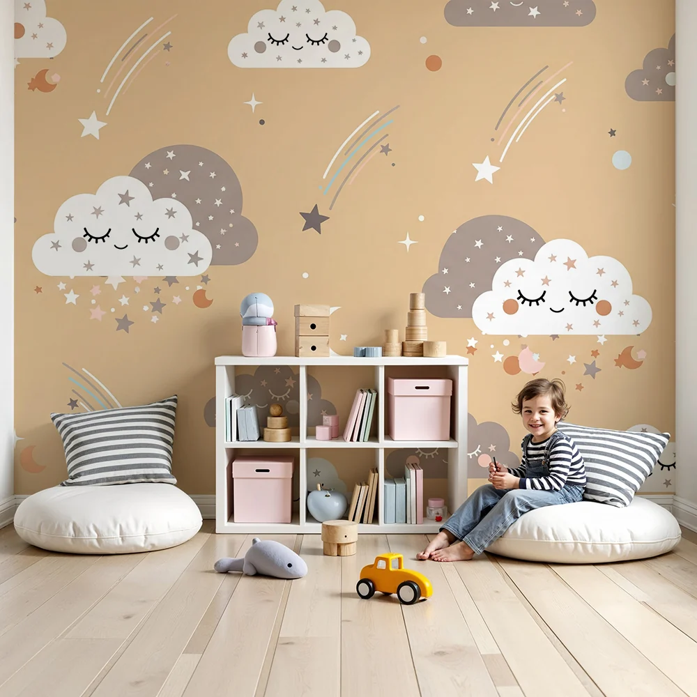 Nursery room wallpaper | Mosolygó felhők és csillogó csillagok bézs háttéren