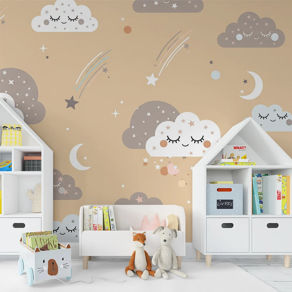 Nursery room wallpaper | Mosolygó felhők és csillogó csillagok bézs háttéren