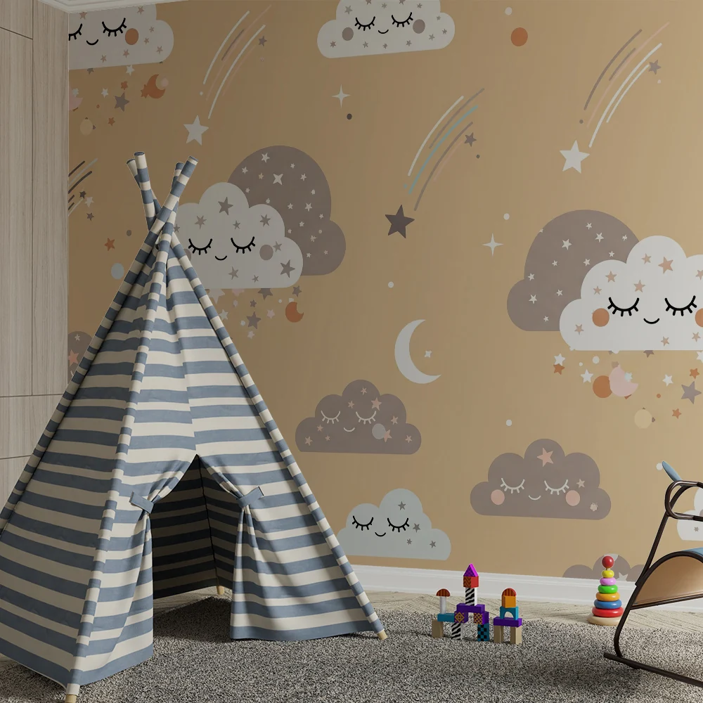 Nursery room wallpaper | Mosolygó felhők és csillogó csillagok bézs háttéren