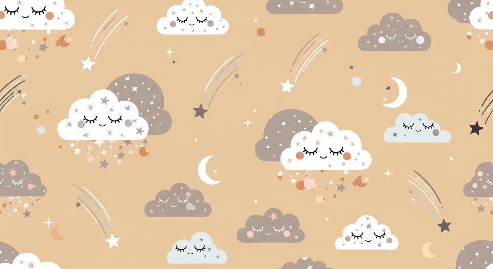 Nursery room wallpaper | Mosolygó felhők és csillogó csillagok bézs háttéren