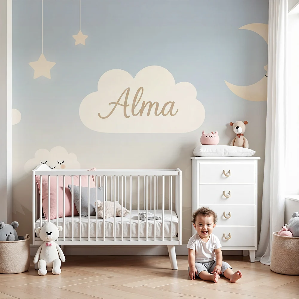 Nursery room wallpaper | Mosolygó felhők és lágy hold egy nyugtató égen