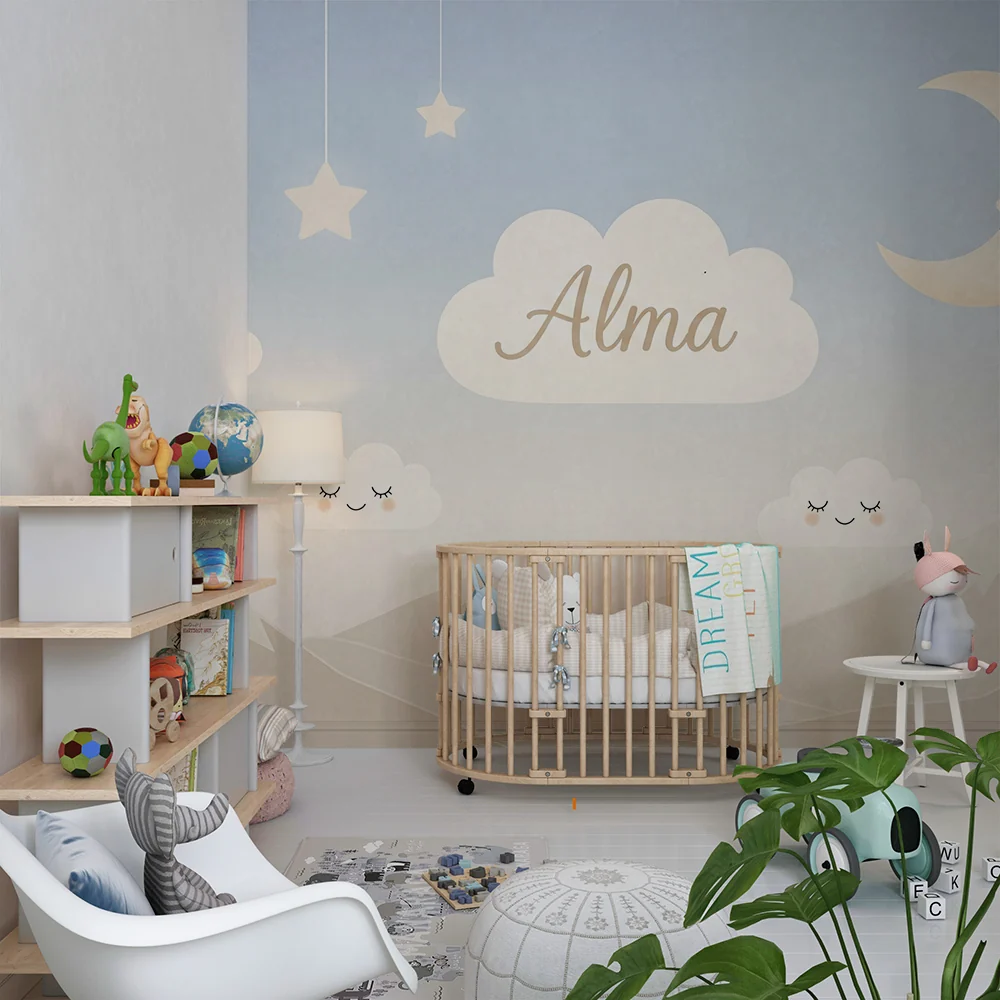 Nursery room wallpaper | Mosolygó felhők és lágy hold egy nyugtató égen