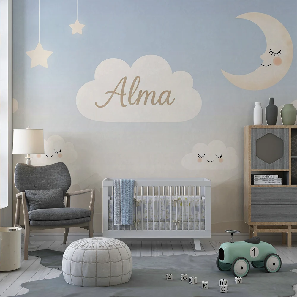 Nursery room wallpaper | Mosolygó felhők és lágy hold egy nyugtató égen
