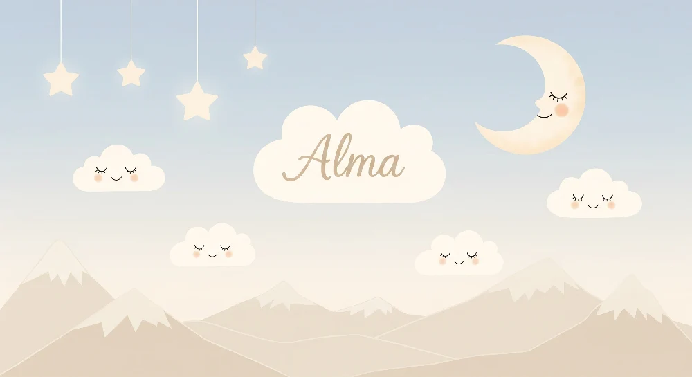 Nursery room wallpaper | Mosolygó felhők és lágy hold egy nyugtató égen