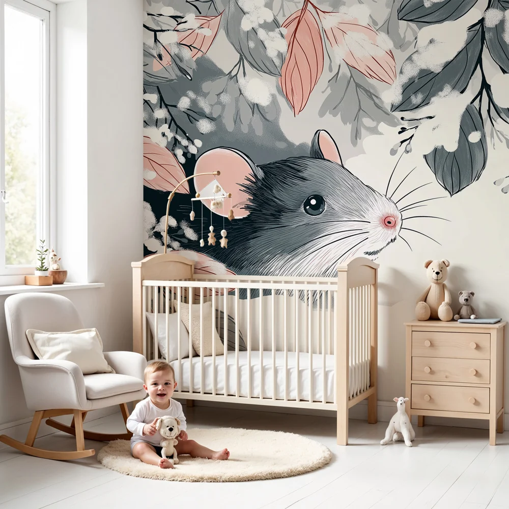 Nursery room wallpaper | Mouse and winter forest
