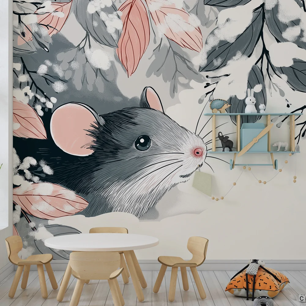 Nursery room wallpaper | Mouse and winter forest