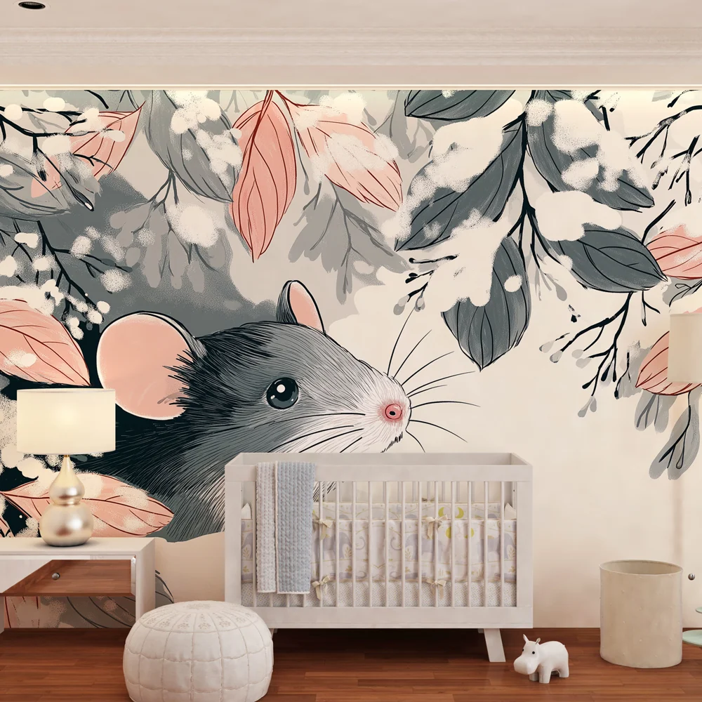 Nursery room wallpaper | Mouse and winter forest