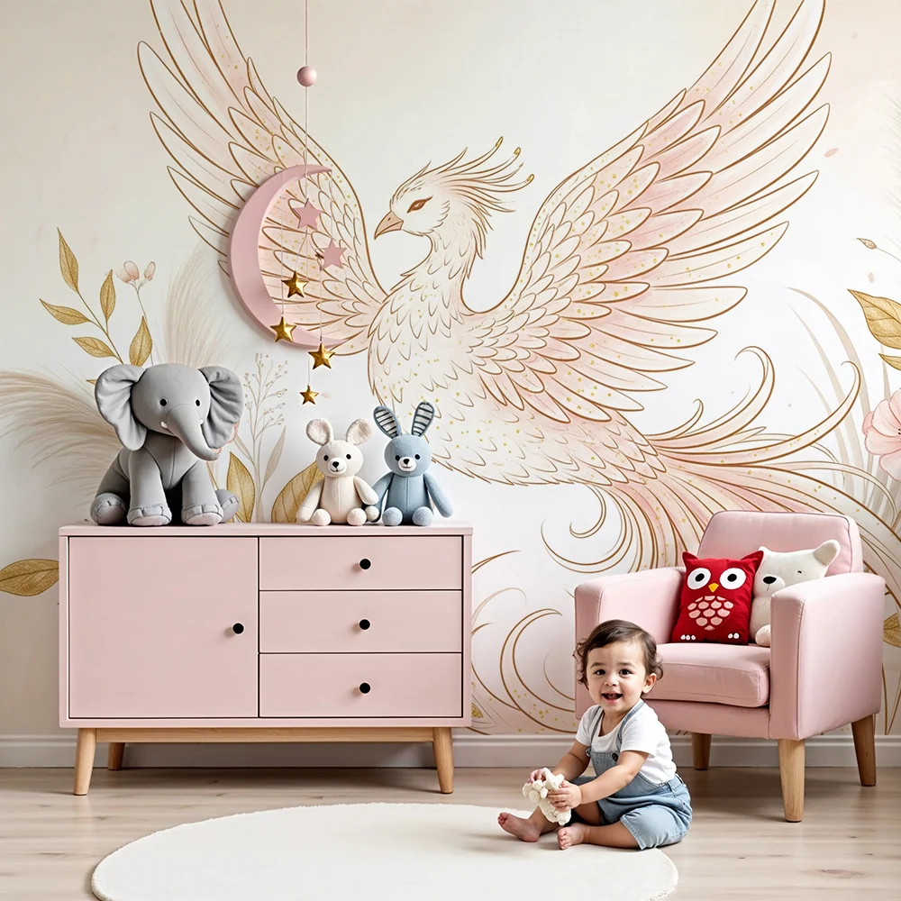 Nursery room wallpaper | Mítosz madár és finom virágok enyhe árnyalatokban