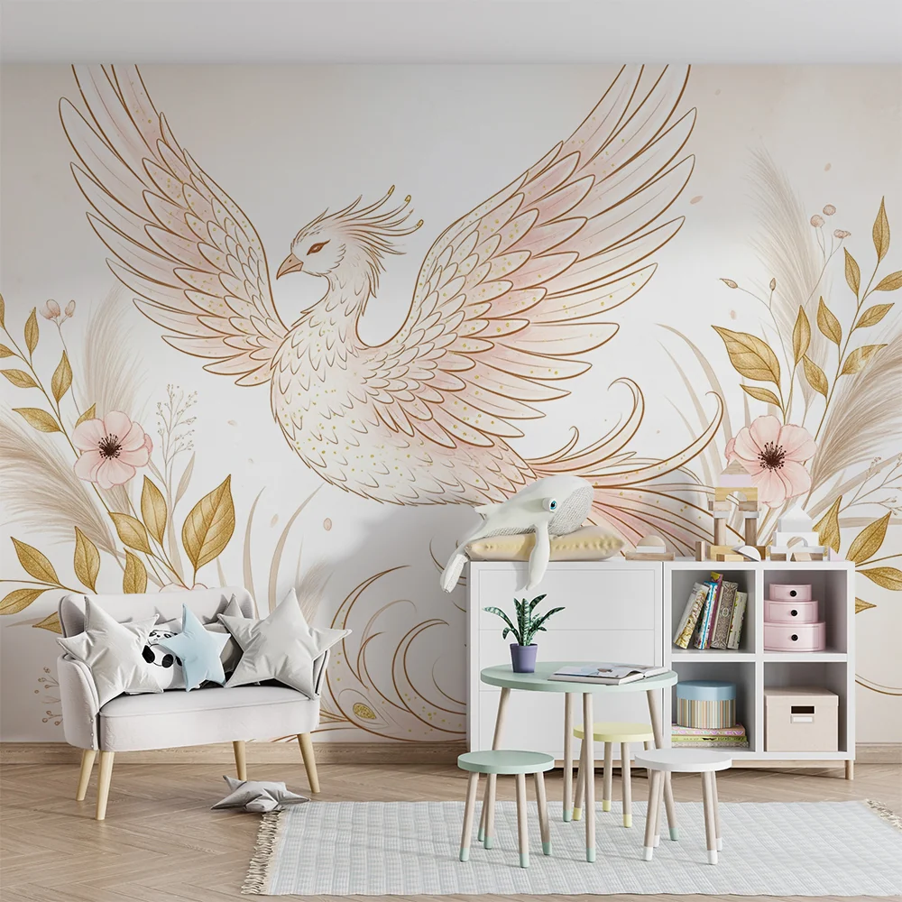 Nursery room wallpaper | Mítosz madár és finom virágok enyhe árnyalatokban