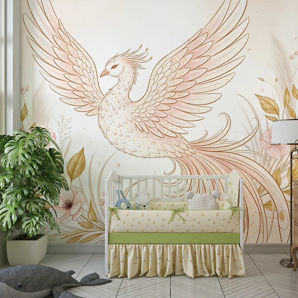 Nursery room wallpaper | Mítosz madár és finom virágok enyhe árnyalatokban