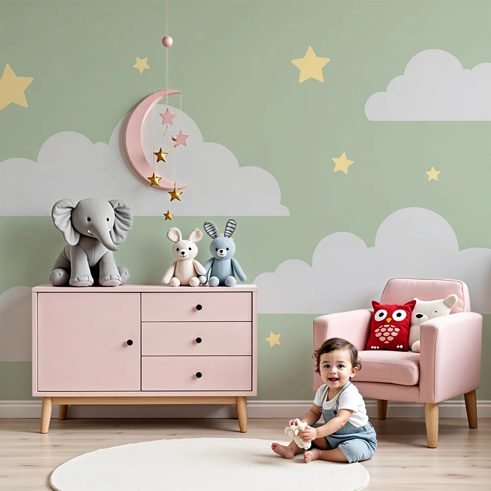 Nursery room wallpaper | Nagy puha felhők arany csillagok zöld háttéren