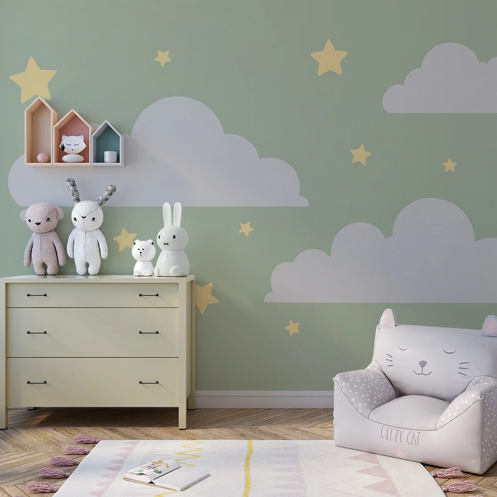 Nursery room wallpaper | Nagy puha felhők arany csillagok zöld háttéren