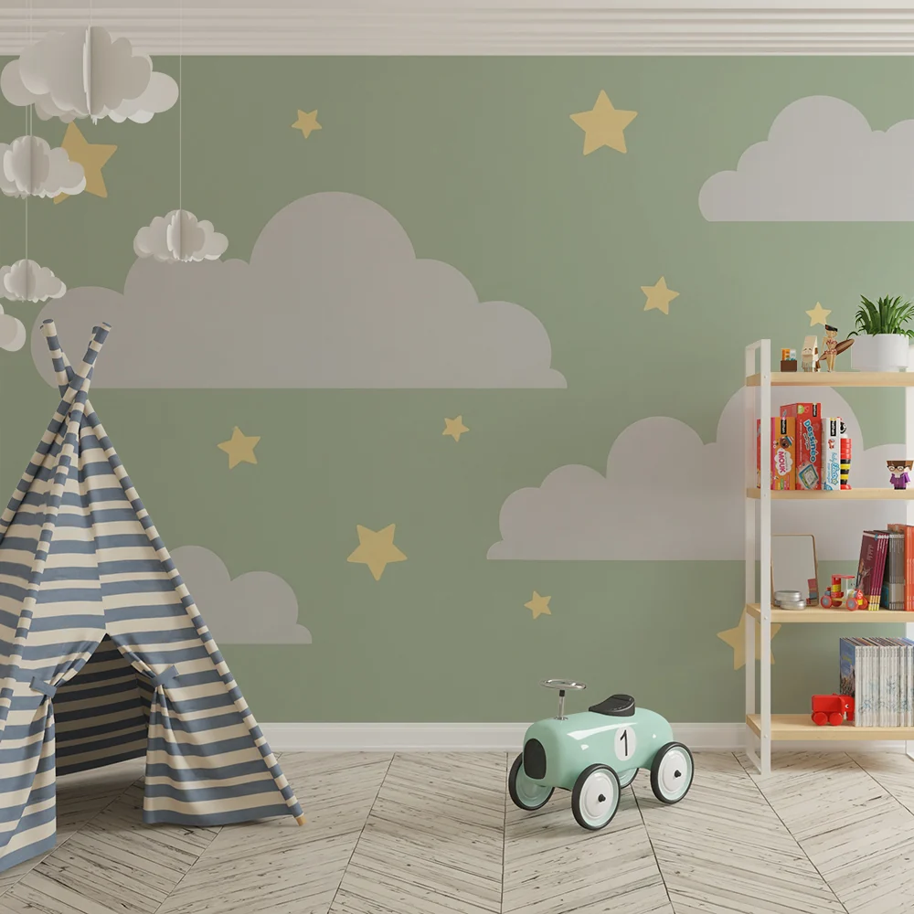 Nursery room wallpaper | Nagy puha felhők arany csillagok zöld háttéren
