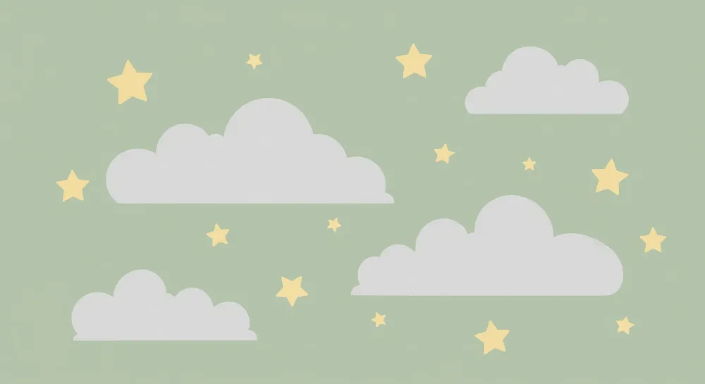 Nursery room wallpaper | Nagy puha felhők arany csillagok zöld háttéren