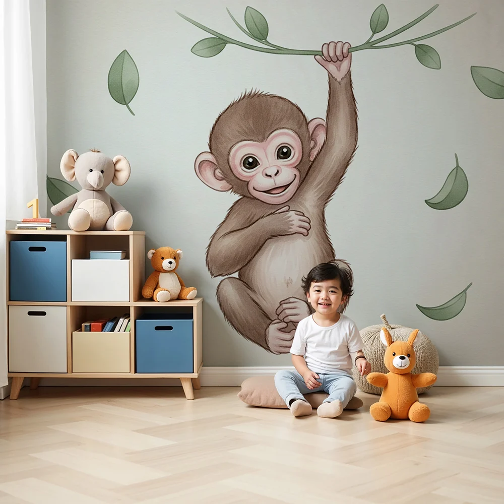 Nursery room wallpaper | Naughty little monkey and tropical leaves