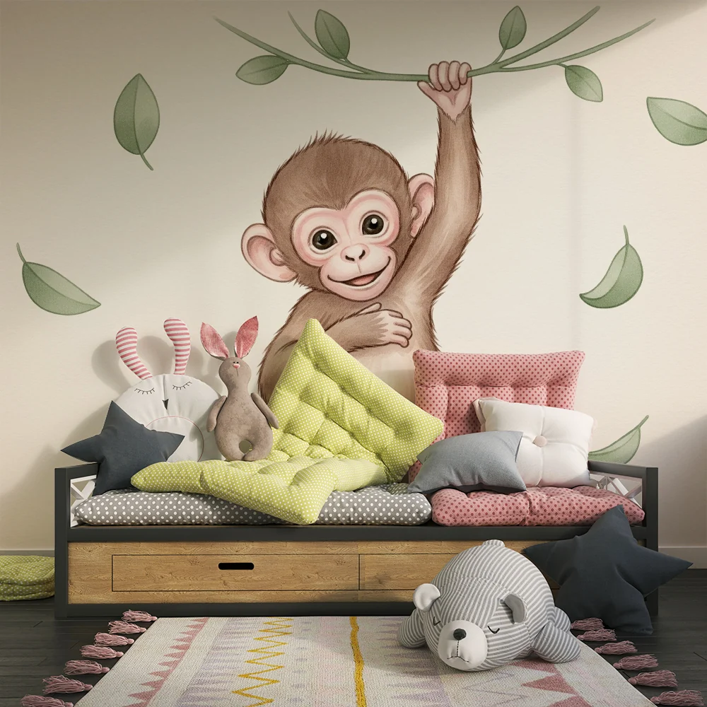 Nursery room wallpaper | Naughty little monkey and tropical leaves