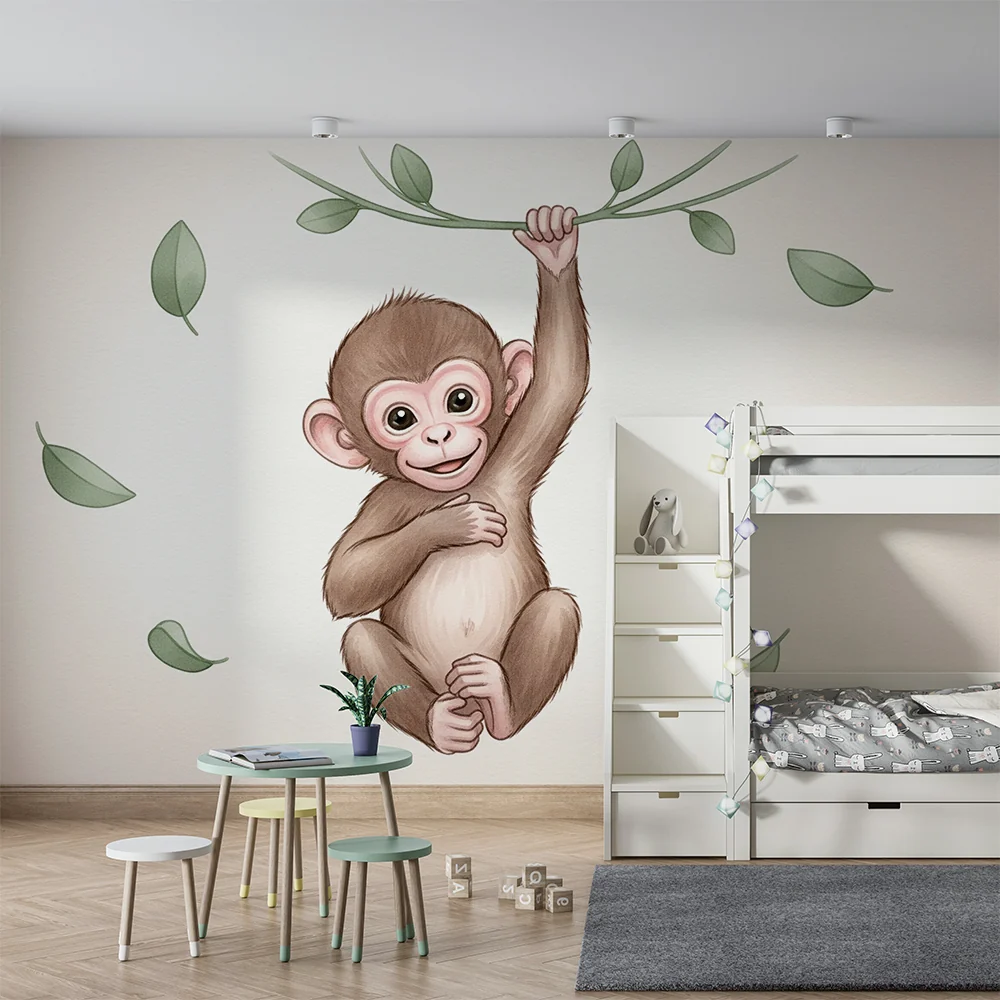 Nursery room wallpaper | Naughty little monkey and tropical leaves