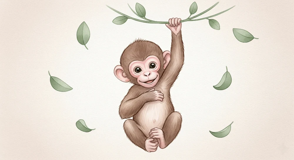 Nursery room wallpaper | Naughty little monkey and tropical leaves