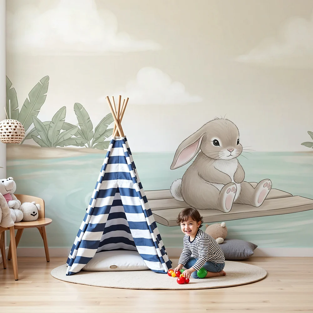 Nursery room wallpaper | Nyúl egy tutajon természet közepén