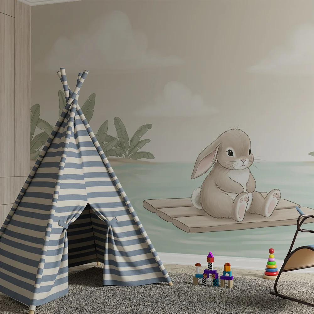 Nursery room wallpaper | Nyúl egy tutajon természet közepén