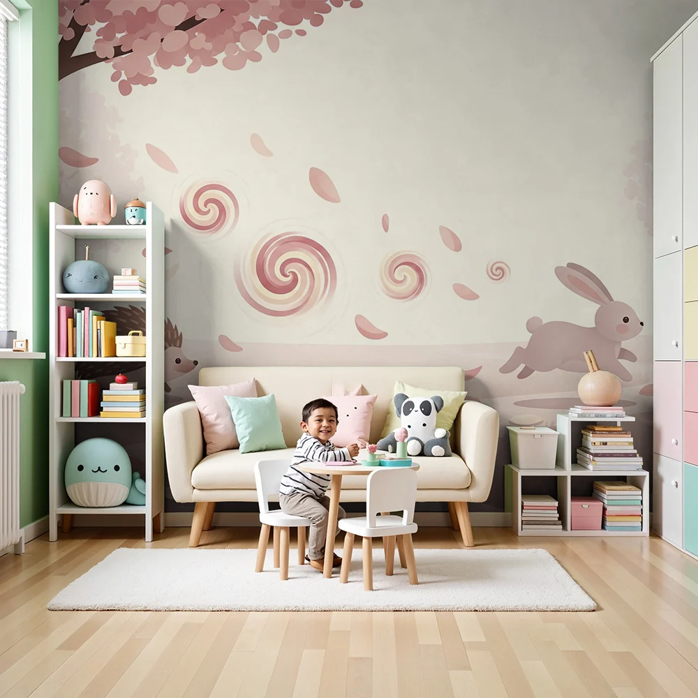 Nursery room wallpaper | Nyúl és sündisznó egy lágy és virágos tájban