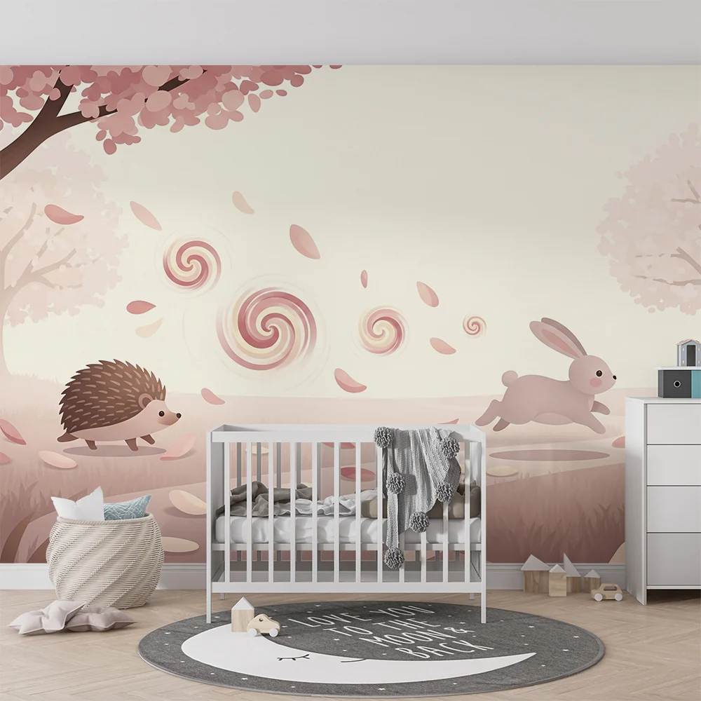 Nursery room wallpaper | Nyúl és sündisznó egy lágy és virágos tájban