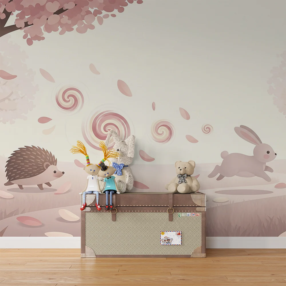 Nursery room wallpaper | Nyúl és sündisznó egy lágy és virágos tájban