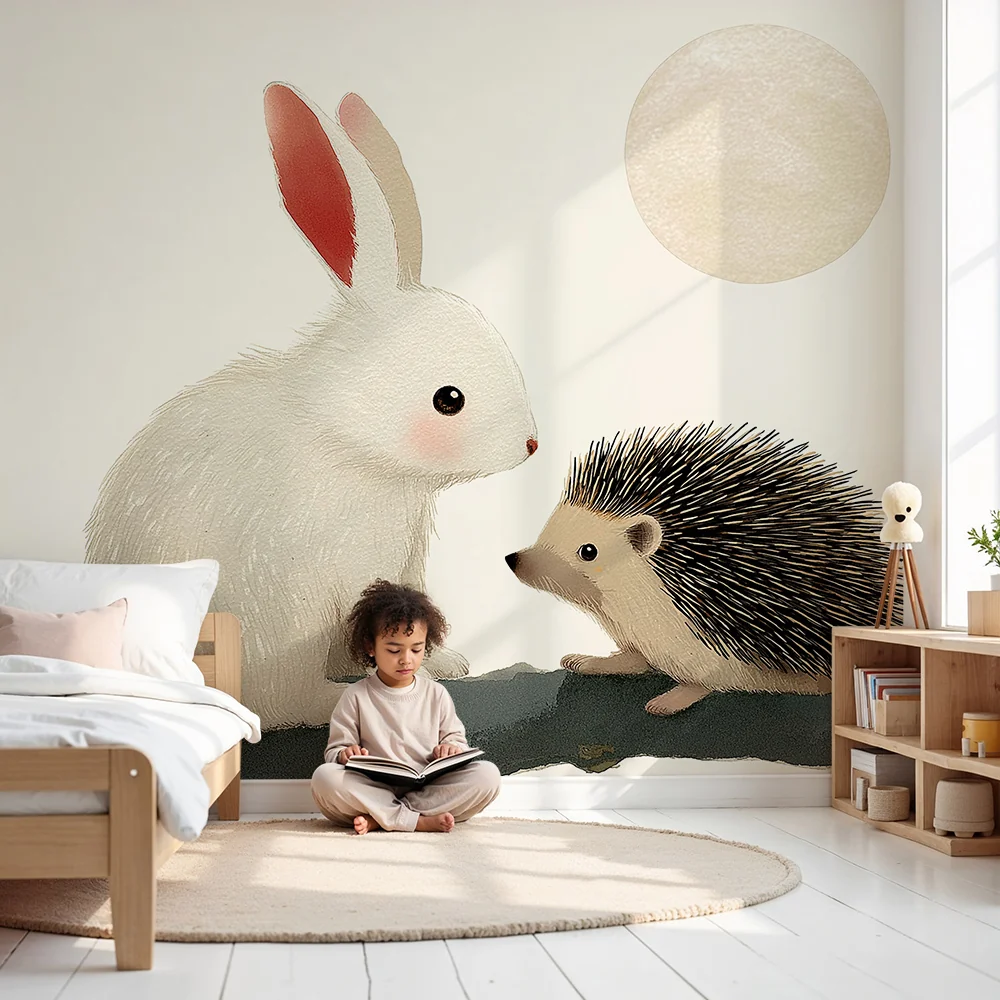 Nursery room wallpaper | Nyúl és sündisznó hold alatt