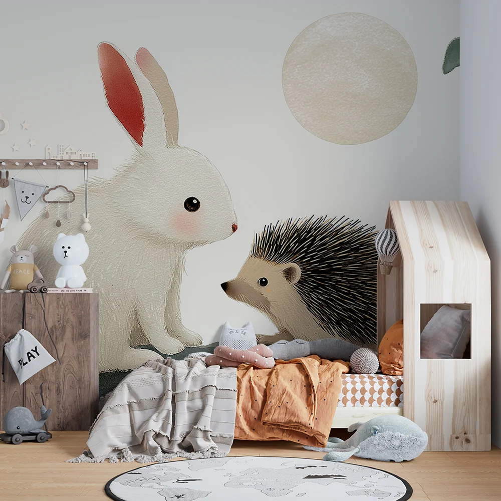 Nursery room wallpaper | Nyúl és sündisznó hold alatt
