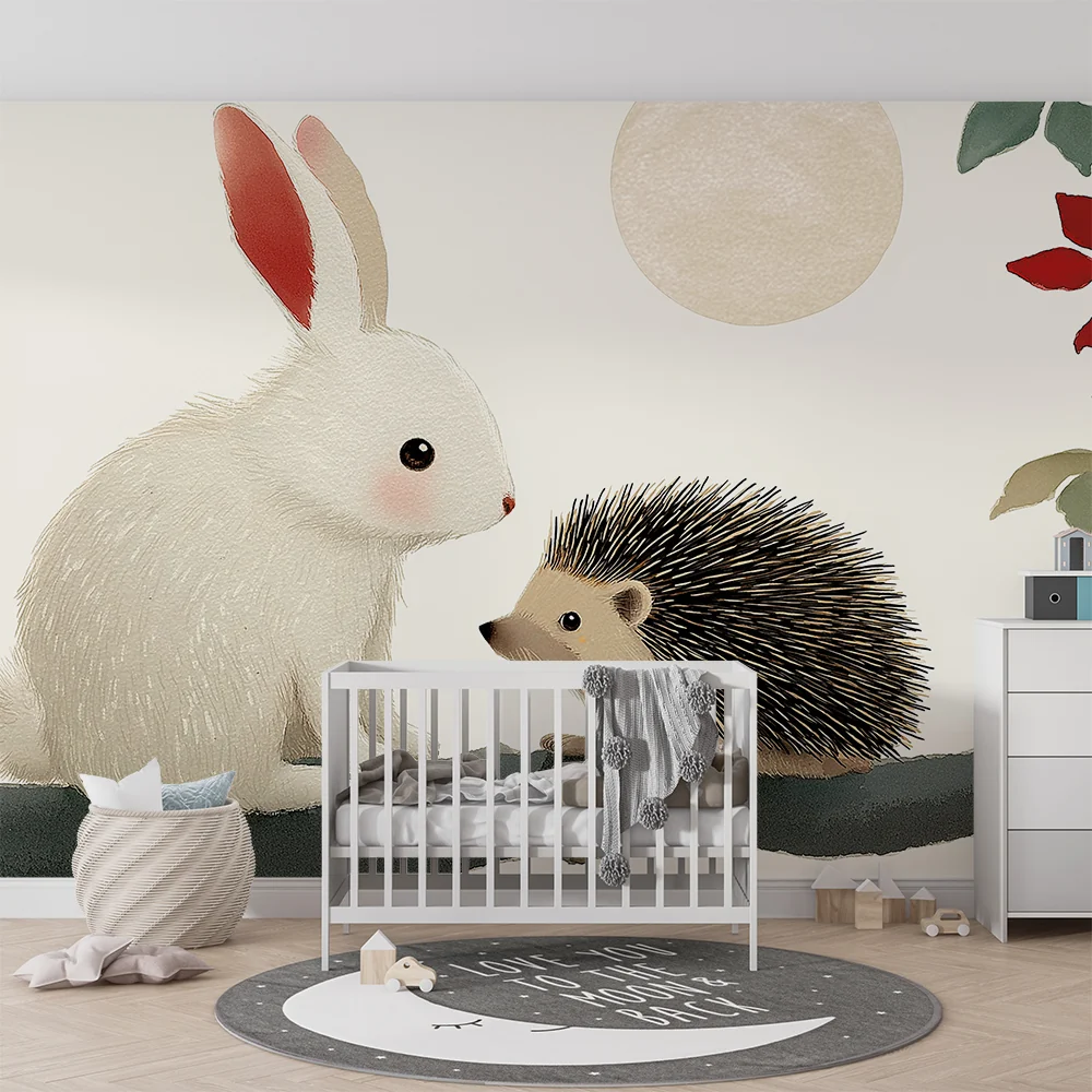 Nursery room wallpaper | Nyúl és sündisznó hold alatt
