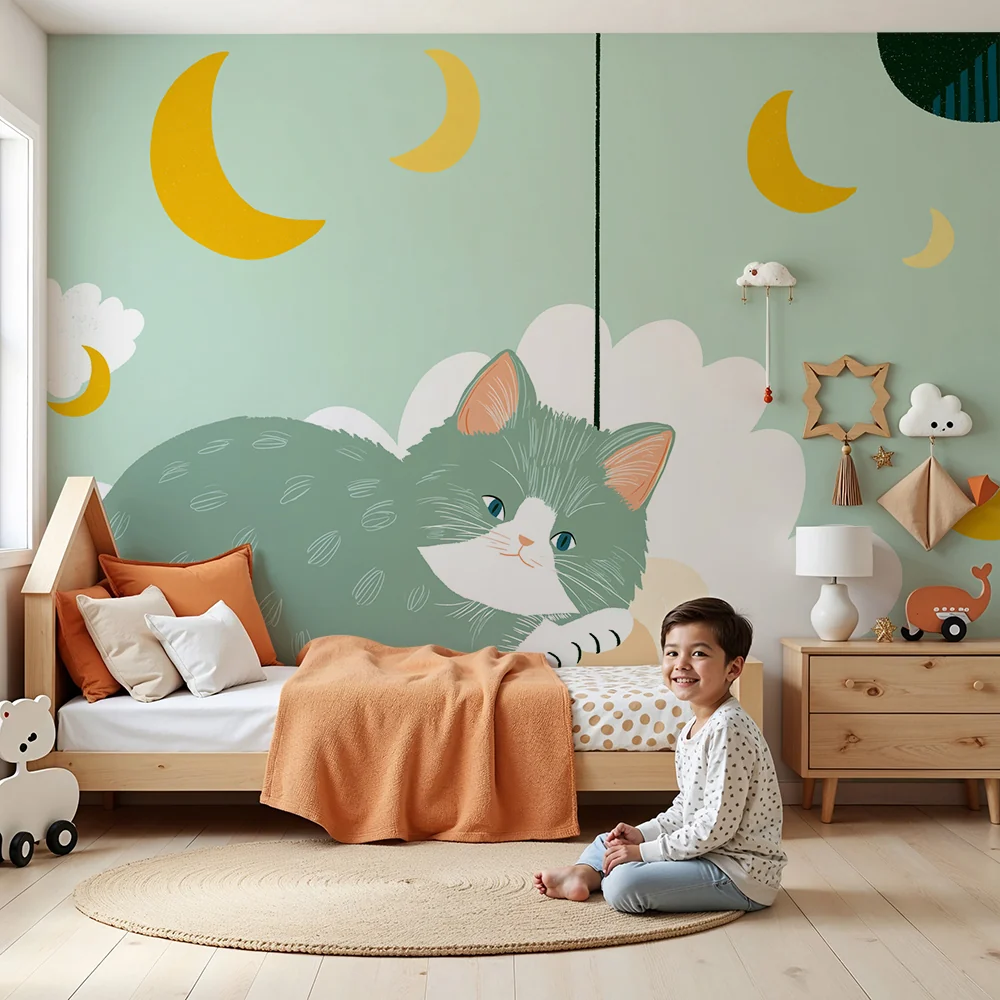 Nursery room wallpaper | Nyugodt cica egy felhőn aranyholdakkal