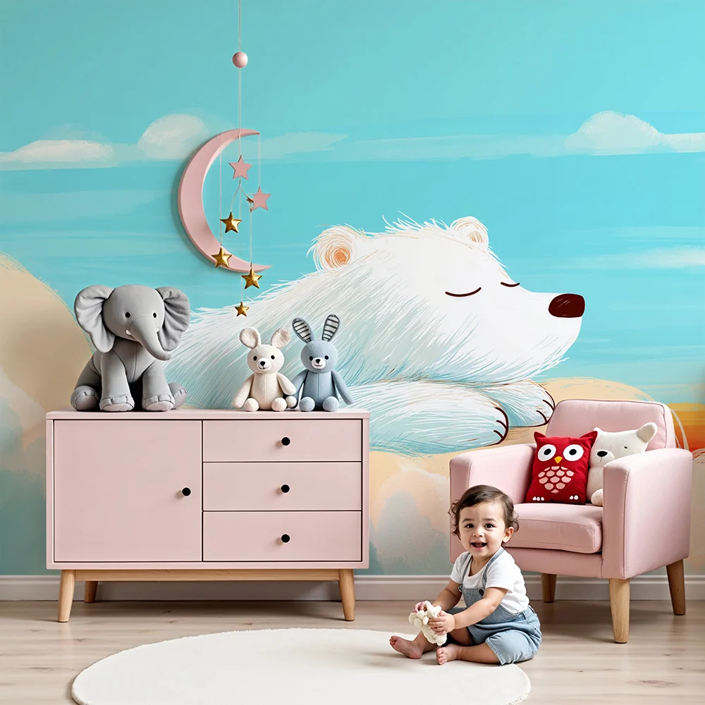 Nursery room wallpaper | Nyugodt jegesmedve egy színes felhőn