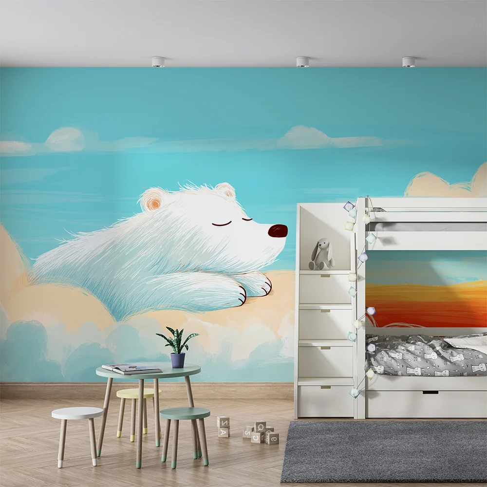 Nursery room wallpaper | Nyugodt jegesmedve egy színes felhőn
