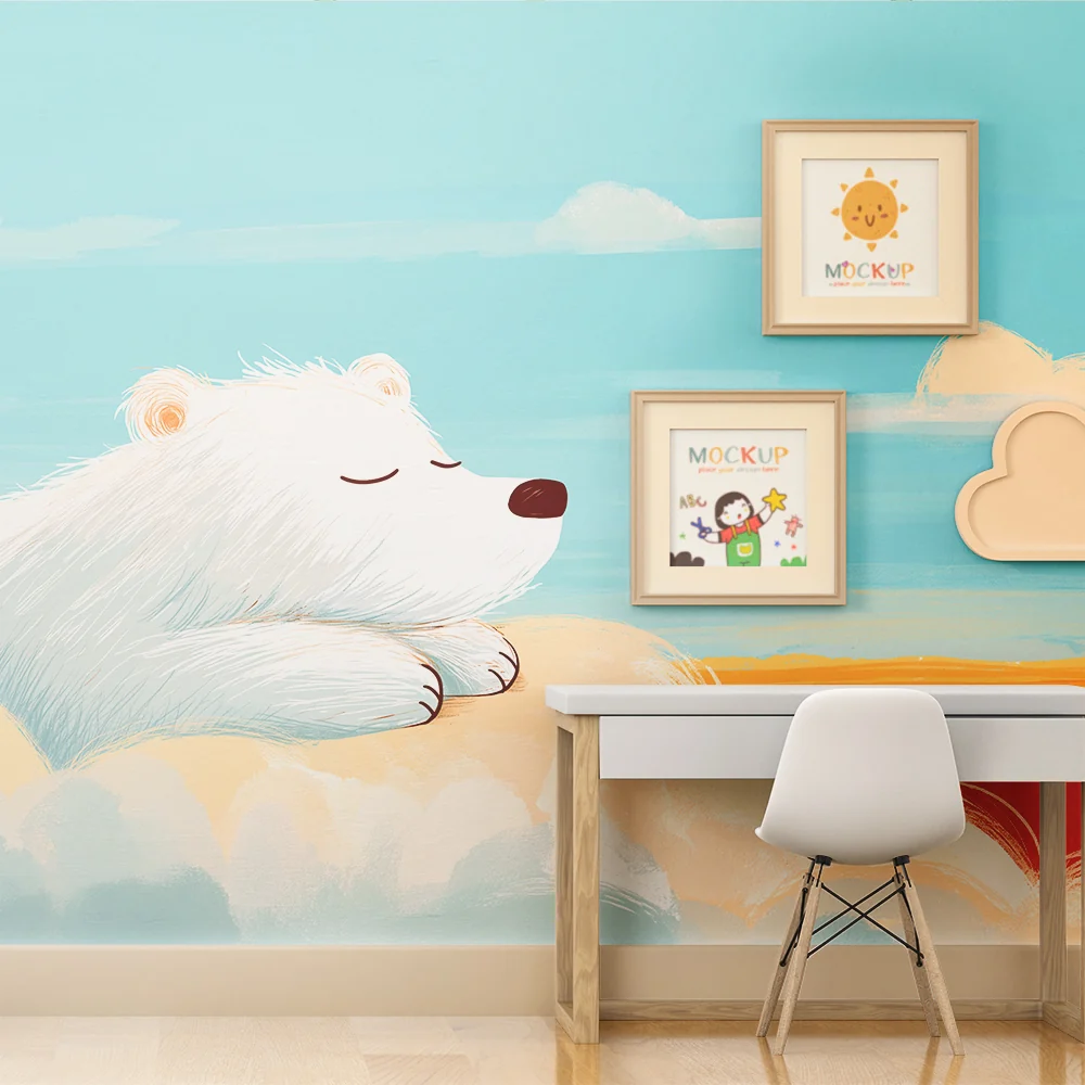 Nursery room wallpaper | Nyugodt jegesmedve egy színes felhőn