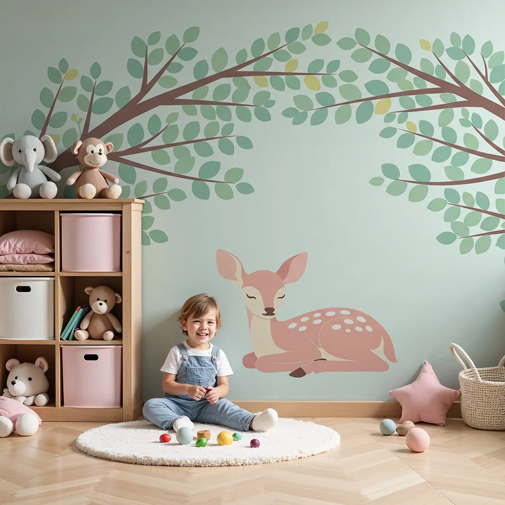 Nursery room wallpaper | Nyugodt szarvas lombos fák árnyékában