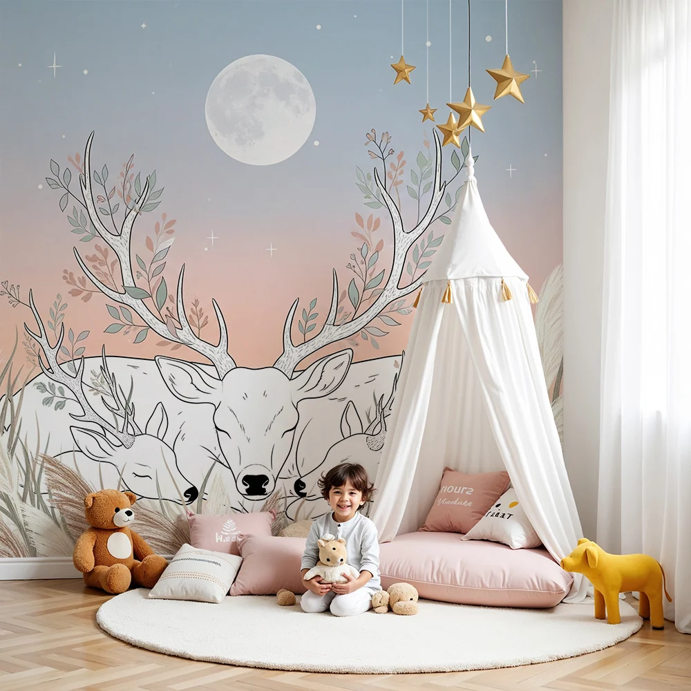 Nursery room wallpaper | Nyugodt szarvasok hold alatt virágmezőn
