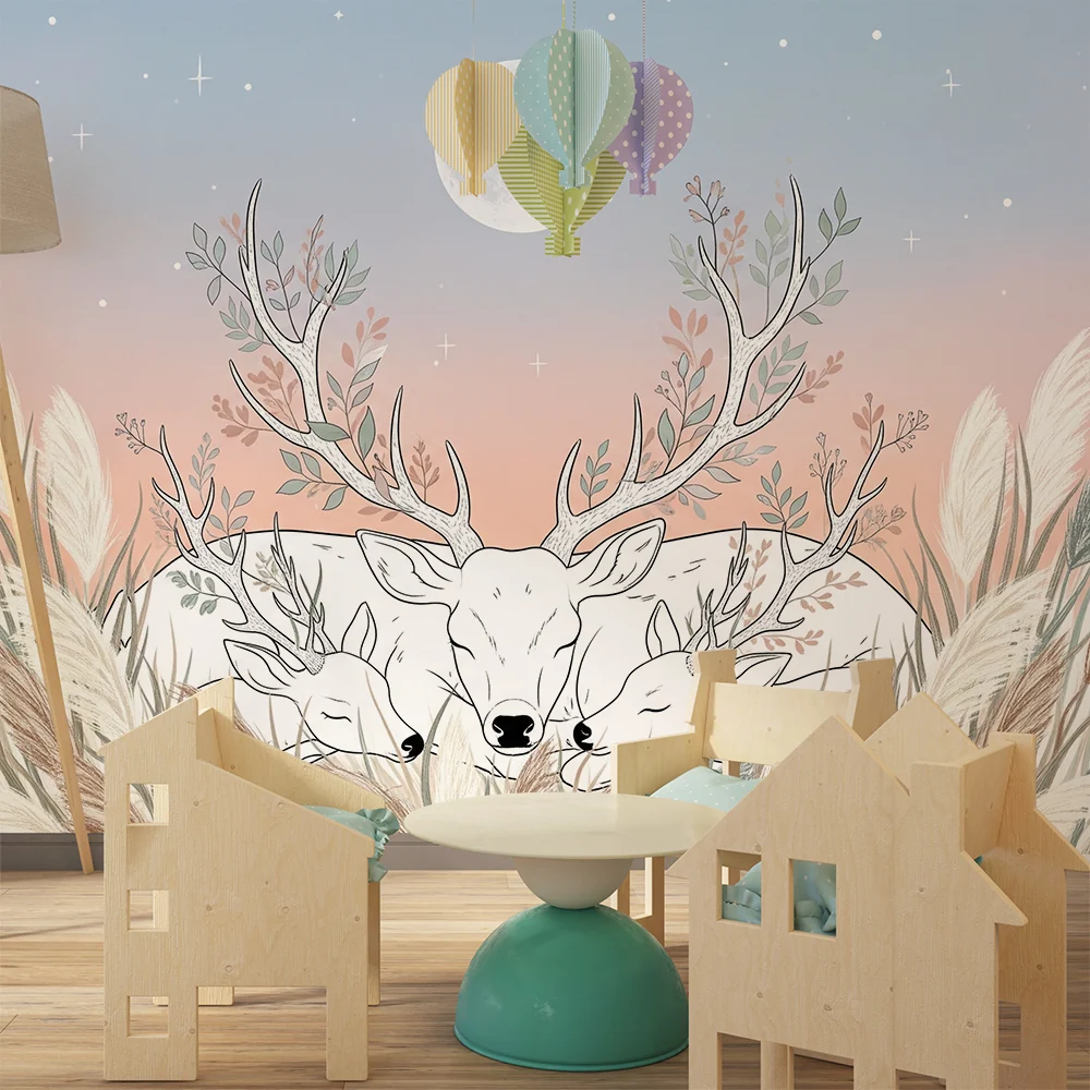 Nursery room wallpaper | Nyugodt szarvasok hold alatt virágmezőn