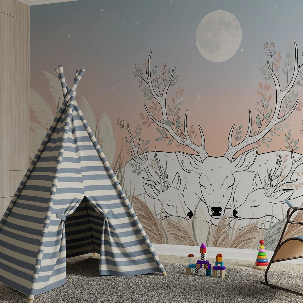 Nursery room wallpaper | Nyugodt szarvasok hold alatt virágmezőn