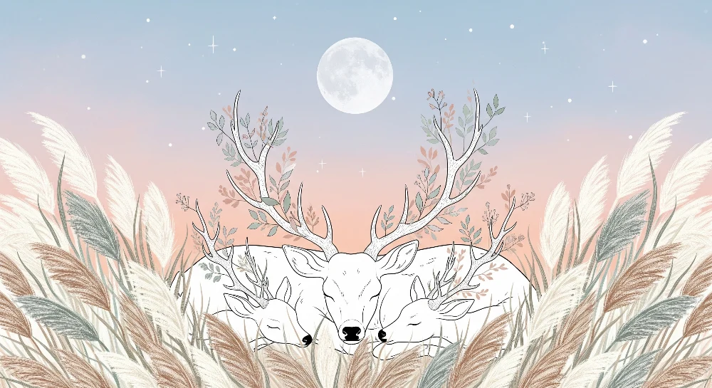 Nursery room wallpaper | Nyugodt szarvasok hold alatt virágmezőn