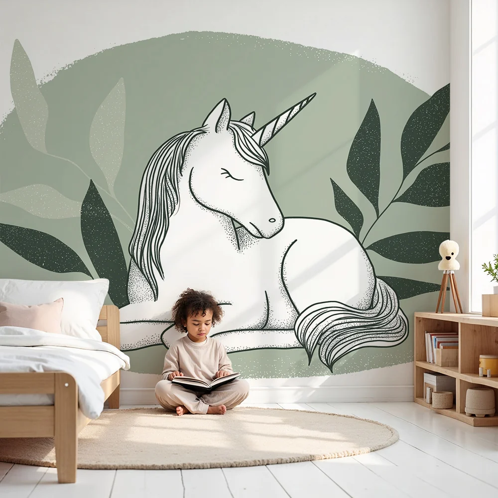 Nursery room wallpaper | Nyugodt unikornis puha lombkoronával