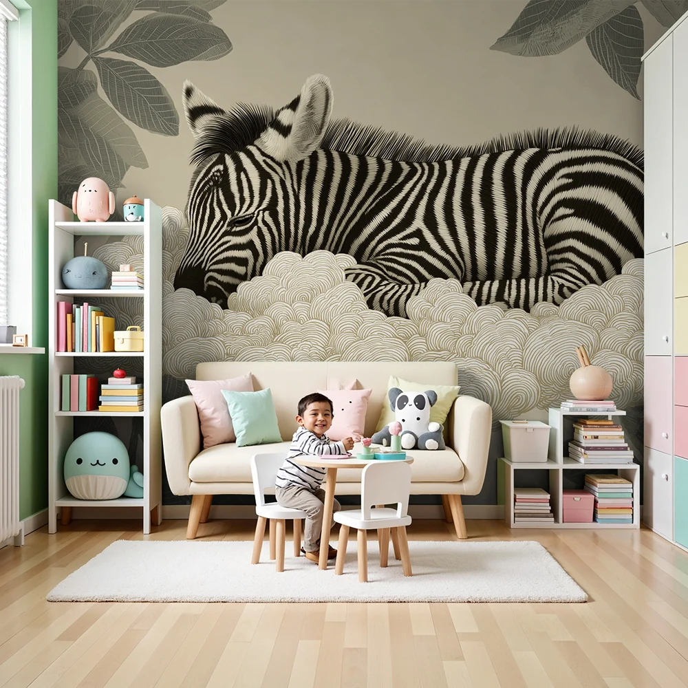 Nursery room wallpaper | Nyugodt zebra felhőn finom levelekkel