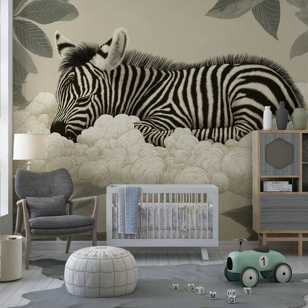 Nursery room wallpaper | Nyugodt zebra felhőn finom levelekkel