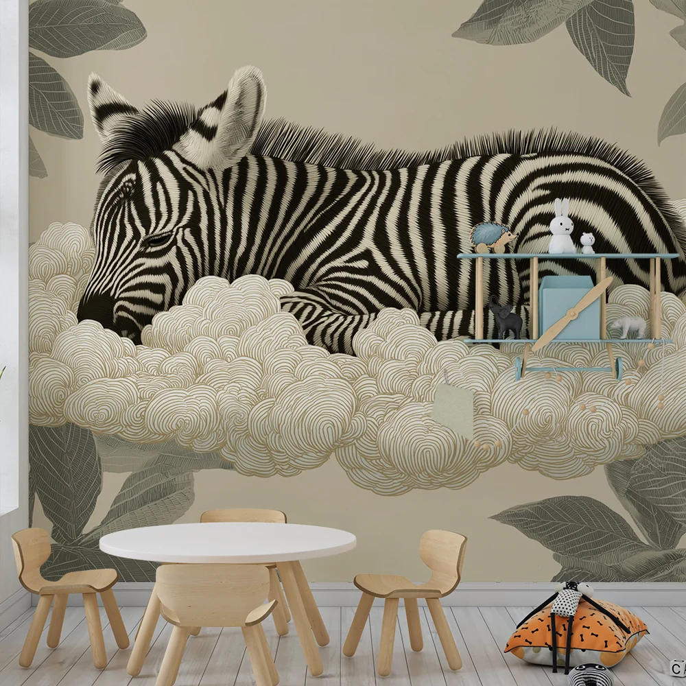 Nursery room wallpaper | Nyugodt zebra felhőn finom levelekkel