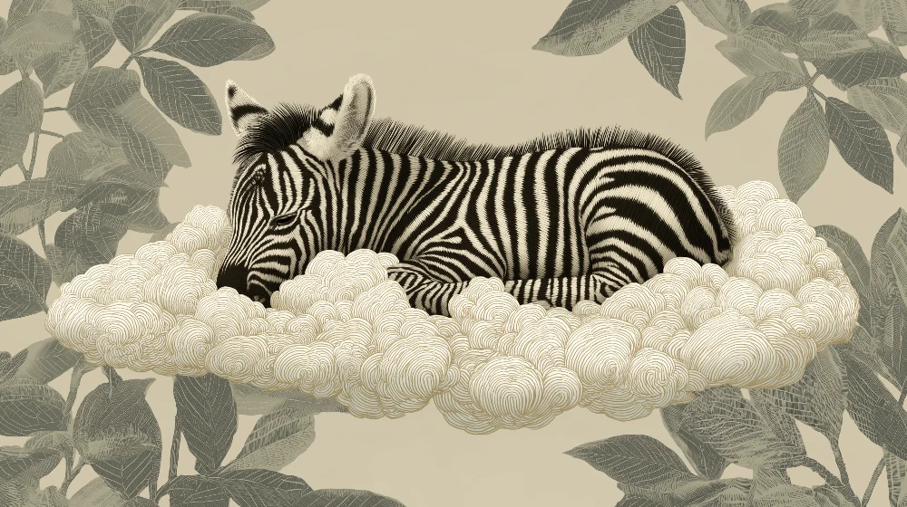 Nursery room wallpaper | Nyugodt zebra felhőn finom levelekkel