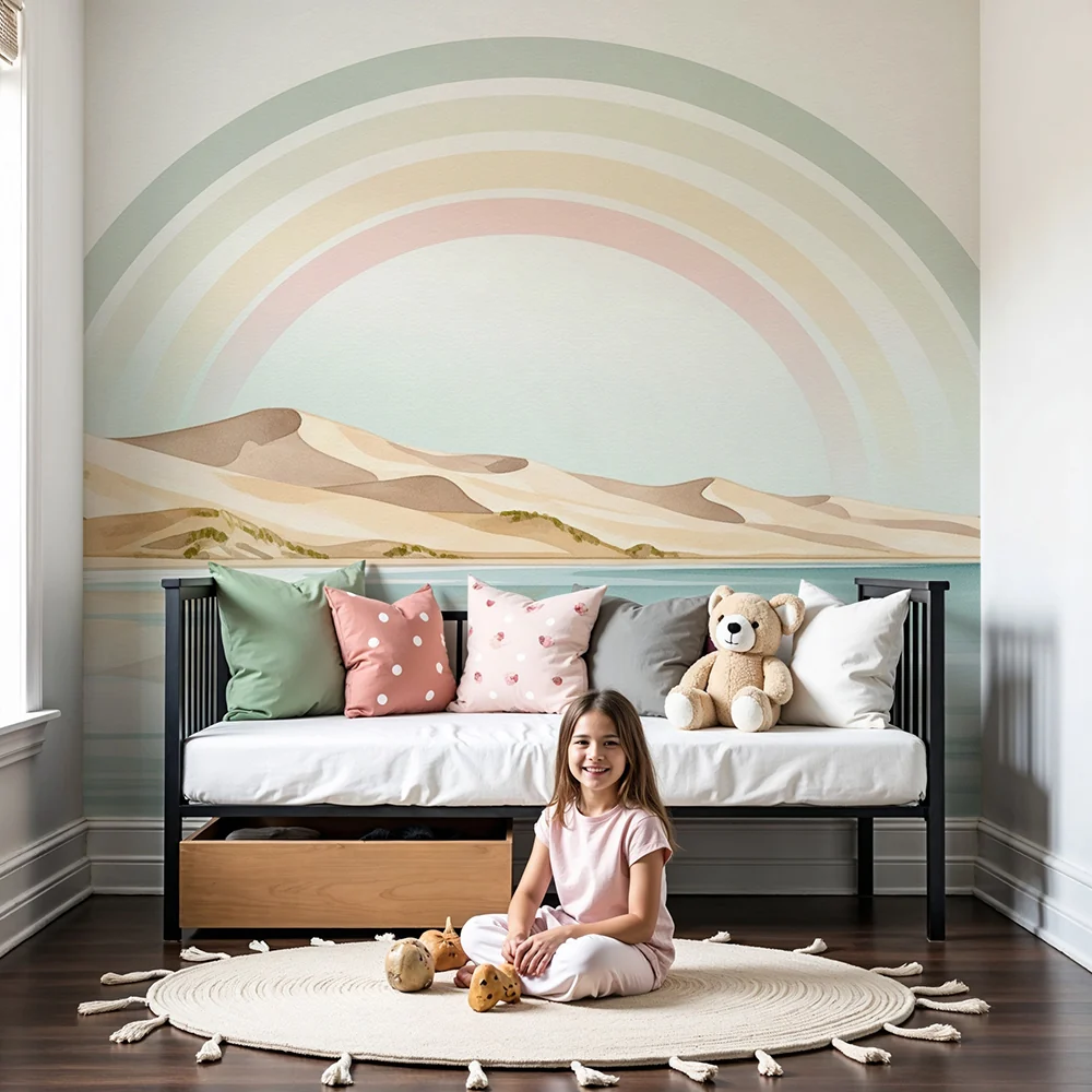 Nursery room wallpaper | Nyugtató táj dűnékkel és pasztell szivárvánnyal